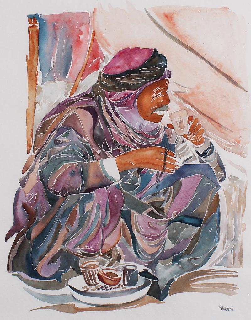 Cecile Marie Hubene (b. 1956) Belgium: SEATED MAN, watercolor on paper, signed lower right, sight 22 ¾ x 17 ¾”, frame 33 x 28” with glass.