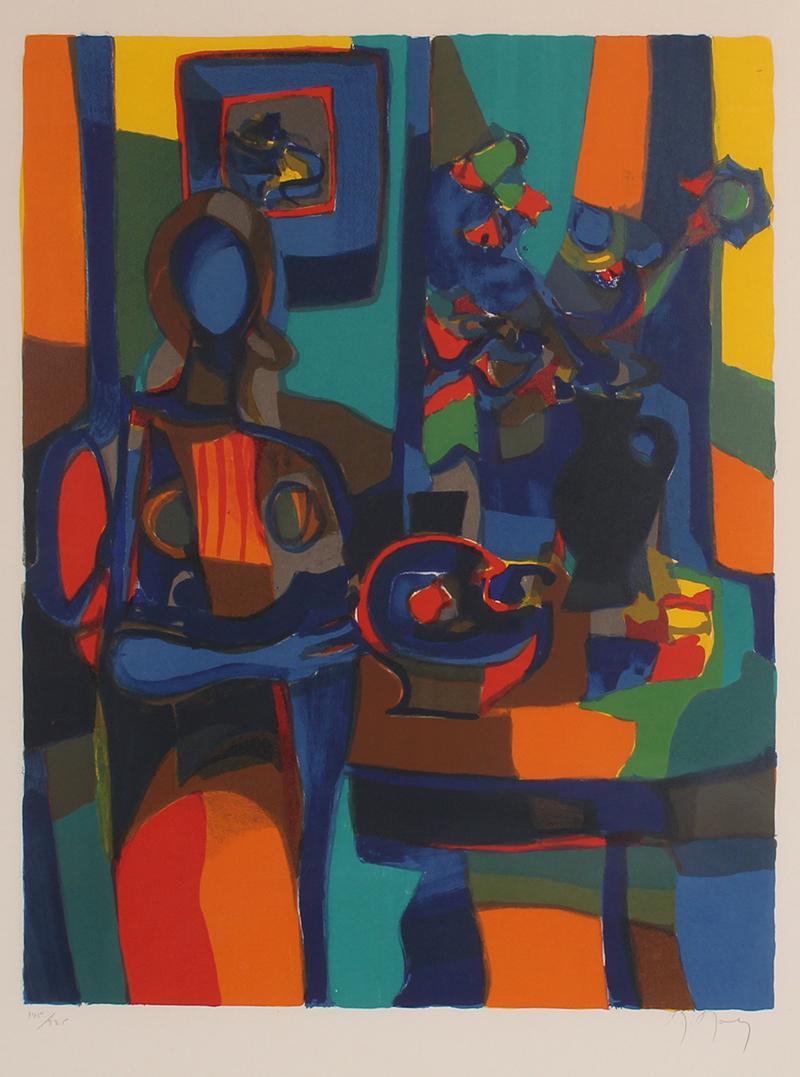 Marcel Mouly (1918-2008) French: BLUE INTERIOR, color lithograph, signed and numbered 195/225 in pencil, image 23 x 18”, full margins, frame 38 x 29 ½” with glass. From the Ellie Gorman Estate.