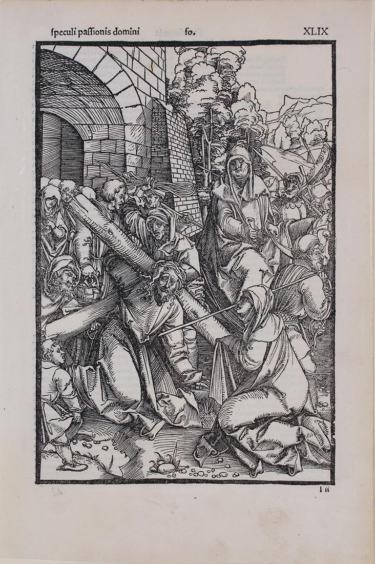 Hans Schaufelein (c.1480-c.1540) German: CHRIST CARRYING THE CROSS from The Passion (Bartsch 34), 1507, woodcut print, with printed text on verso, 11 ¾ x 9”.