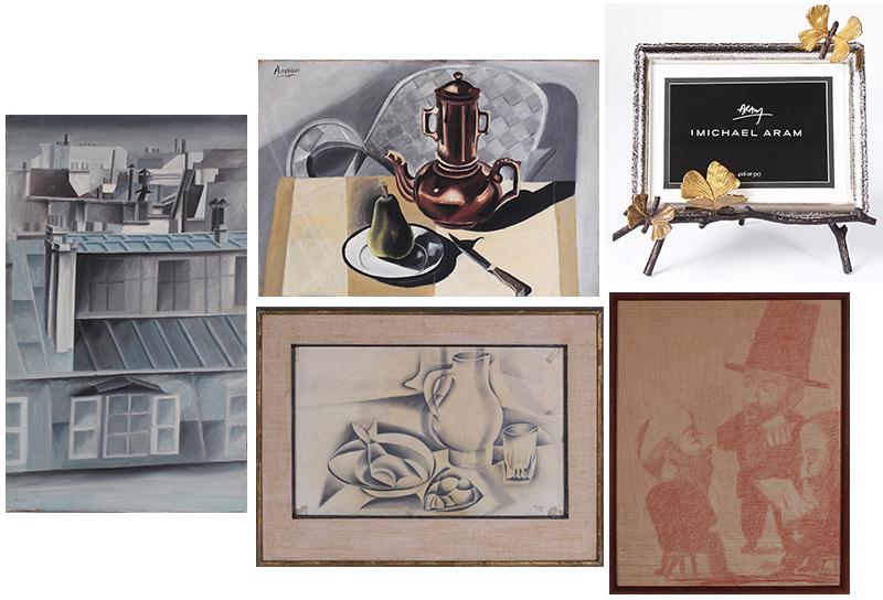 Michael Gottlieb Aram (1908-1998) Austrian (4) & Meyer Lieberman (1923-2013) American (five): PARIS ROOFTOPS, oil painting on canvas, signed lower left and on verso, 21 ½ x 13”; STILL LIFE WITH PEAR, oil painting on canvas, signed upper left and on verso, 15 x 21 ¾”; 