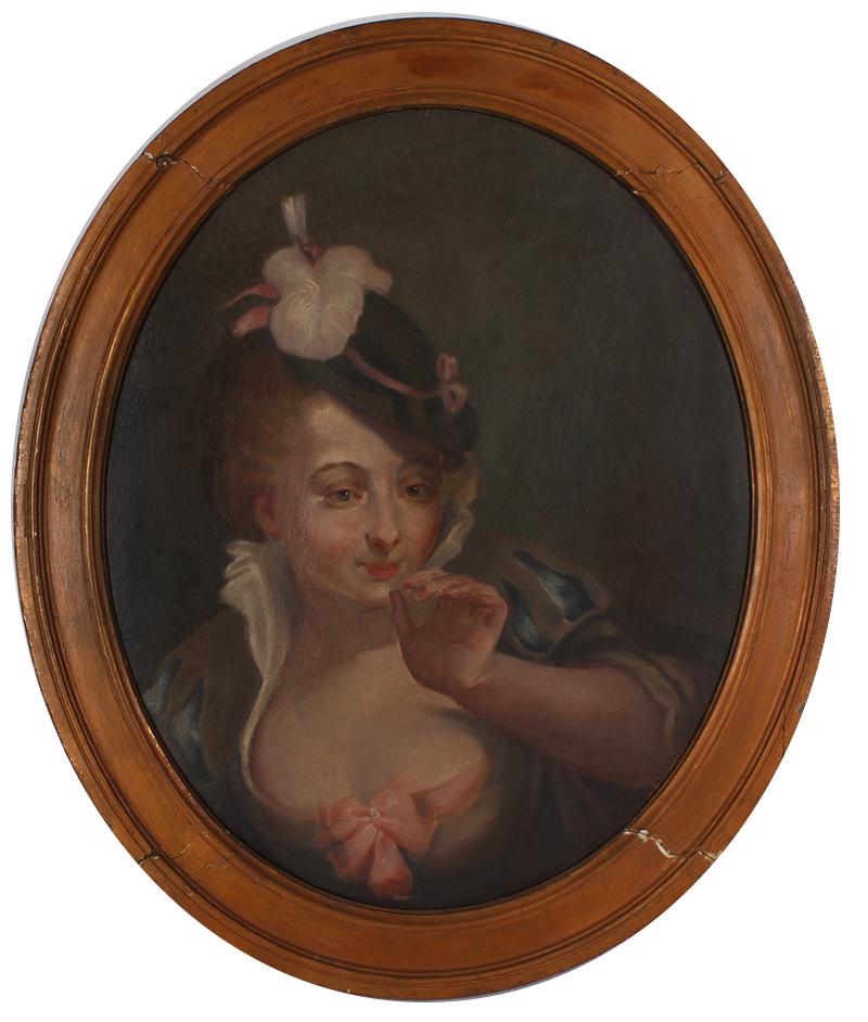 In the style of Francois Boucher: ELEGANT WOMAN, oil painting on canvas, 24 x 19 ½” oval, frame 28 ¼ x 23 ¾”.