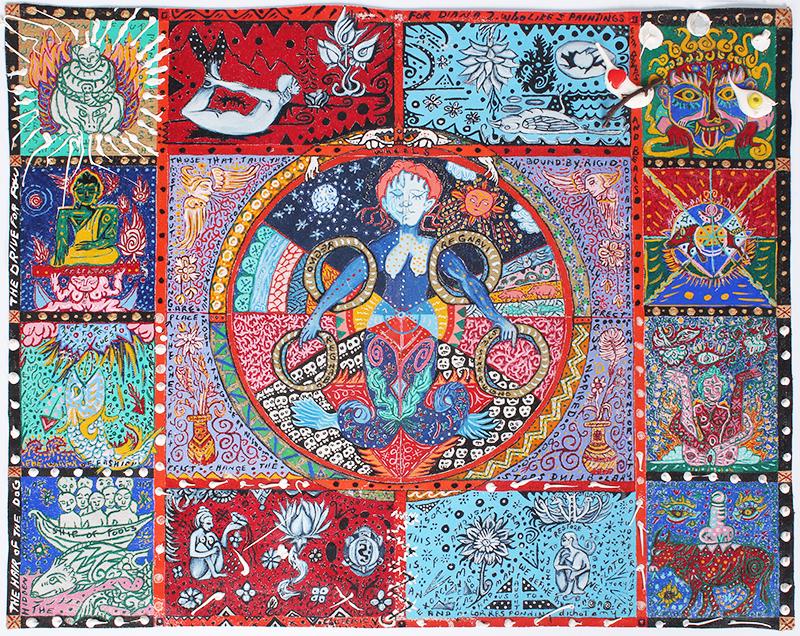 Caron Colven (20 th Century) American: BUDDHIST TANTRA, 1983, acrylic on unstretched canvas with mixed media, signed on verso, 16 x 20”. Provenance: Diana Zlotnick Collection