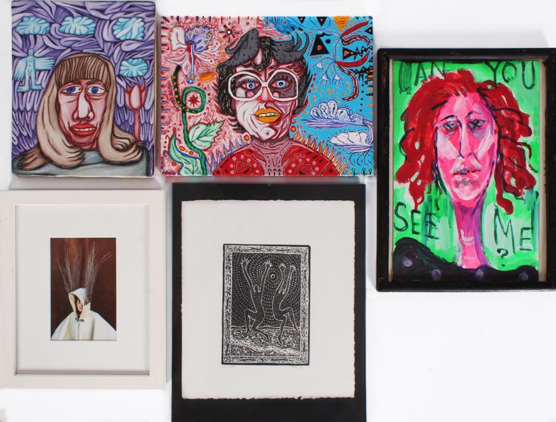 Caron Colven (2), Barbara Romain, Phyllis Green & Pixie Herms (20 th Century) Americans: Caron Colven SELF PORTRAIT, 1977; UNTITLED-PORTRAIT OF DIANA (Zlotnick), 1982, two acrylic paintings on canvas, each signed, dated and inscribed on verso, 10 x 8” & 9 x 12”; Barbara Romain