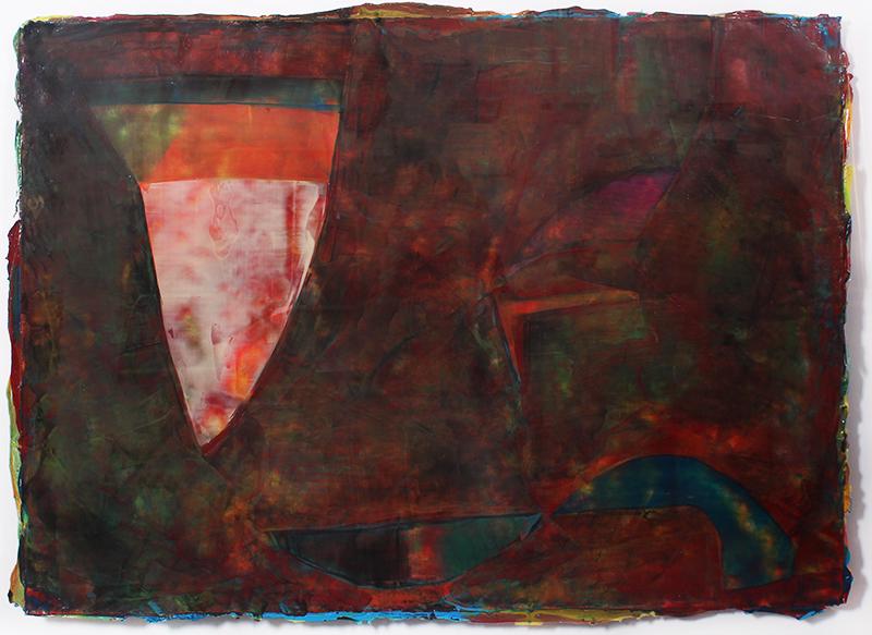 Contemporary Artist possibly Tom Holland (b. 1936) California: UNTITLED, mixed media with acrylic, resin and wax on canvas with fiberglass?, a signature not found, possibly signed on verso, 31 ½ x 44 ¼”, double sided Plexiglas frame with white