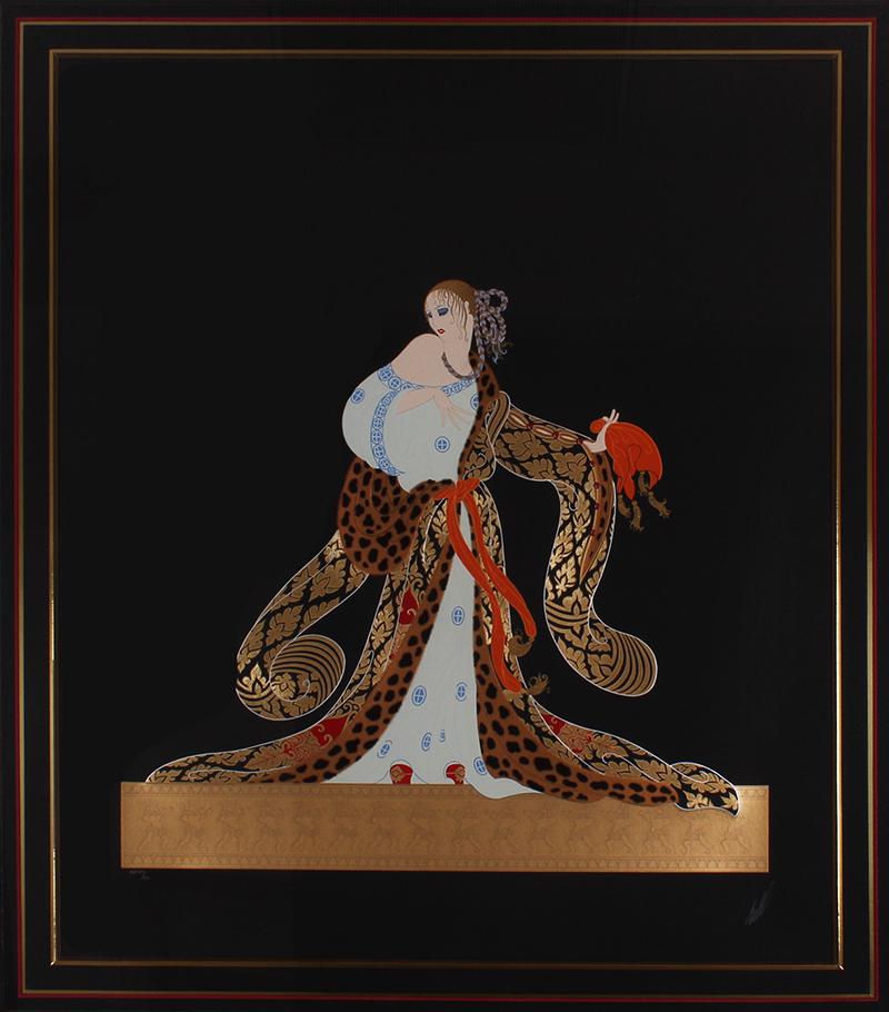 Erte (1892-1990) French: RIGOLETTO (Lee 49), 1985, embossed color screenprint with foil stamping, signed and numbered XXXVI/CL (36/150) in pencil, published by Chromacomp, New York, sight 37 x 30”, frame 52 x 44 ½