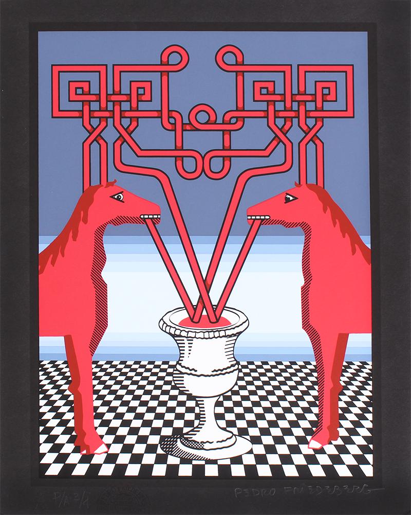 Pedro Friedeberg (b. 1936) Italy Mexico: RED HORSES, color screenprint on black card, signed and numbered PA 3/4 in pencil, artistâ€™s stamp and blind stamp lower left, sheet 15 ¾ x 11 ¾”.