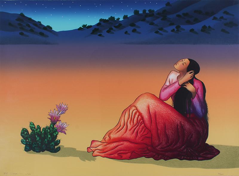 R. C. Gorman (1932-2005) Native American: NIGHT BLOOMING CACTUS (Adams pg. 217), 1986, color lithograph, signed and numbered 70/200, printed and published by Houstonâ€™s Fine Art Press, sheet 30 ½ x 40”, frame 38 ½ x