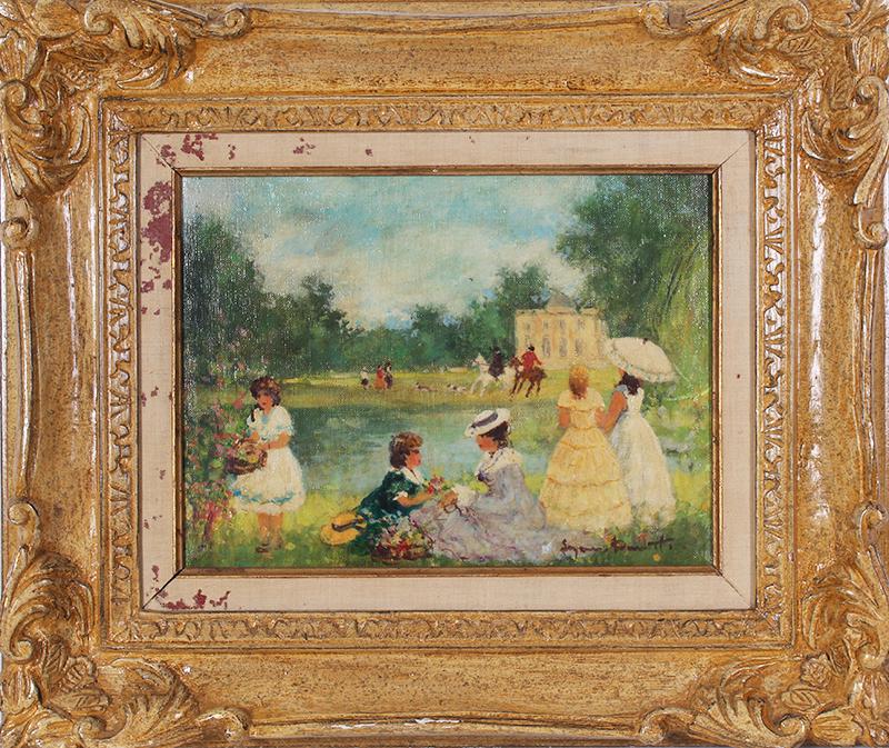 Impressionist Style Artist Unidentified: DAY AT THE PARK, oil painting on canvas, signed lower right, 12 x 16”, frame 22 x 26 x 3”.