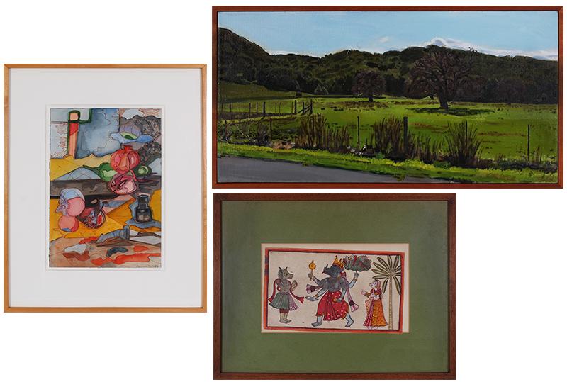 Barbara Poe Levee (1922-2013) American & others (three): Barbara Poe Levee STILL LIFE, 1982, watercolor on paper, signed and dated lower right, 10 x 7”, frame 16 x 12 ¾” with glass; Artist Unidentified GREEN LANDSCAPE, acrylic painting on