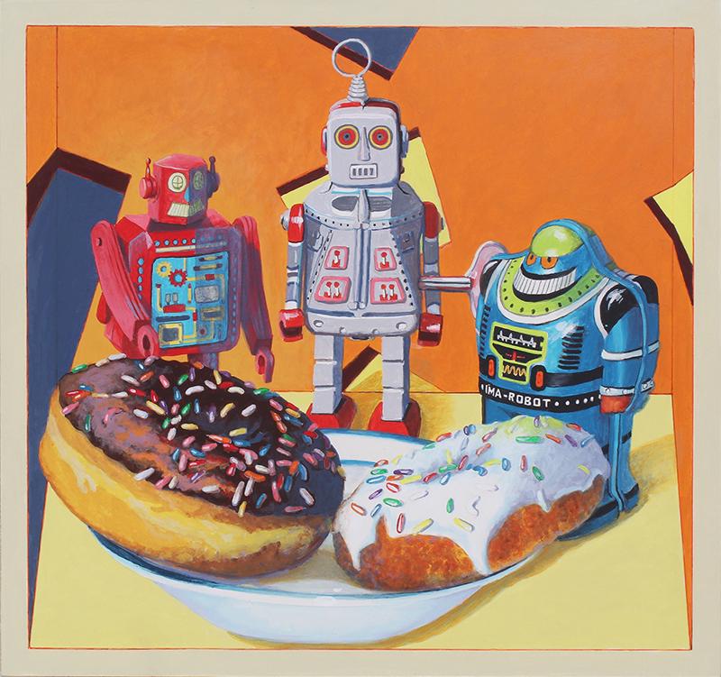 Ralph Massey (b. 1938) California: DOUGHNUT SAGAS #2, 2015, acrylic painting on panel, signed and dated lower right side, 17 ½ x 18 ¼”.