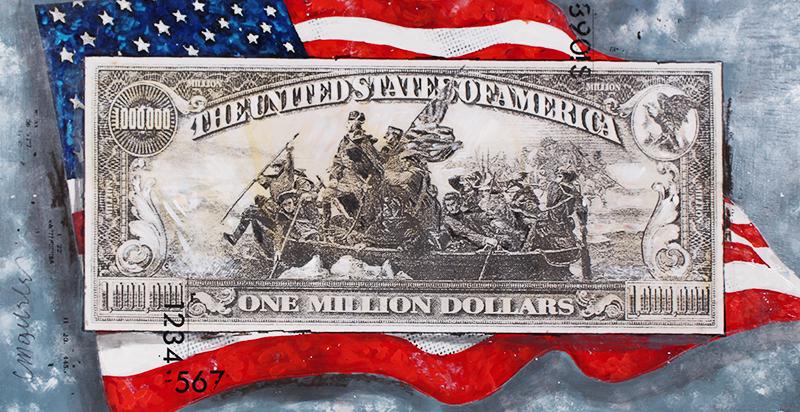 Sidney Maurer (1926-2017) Georgia: MILLION DOLLAR BILL, mixed media with painting on panel, signed lower left, 20 x 40”. From the UCLA Medical Center Art Program, funds to benefit their ongoing endeavors.