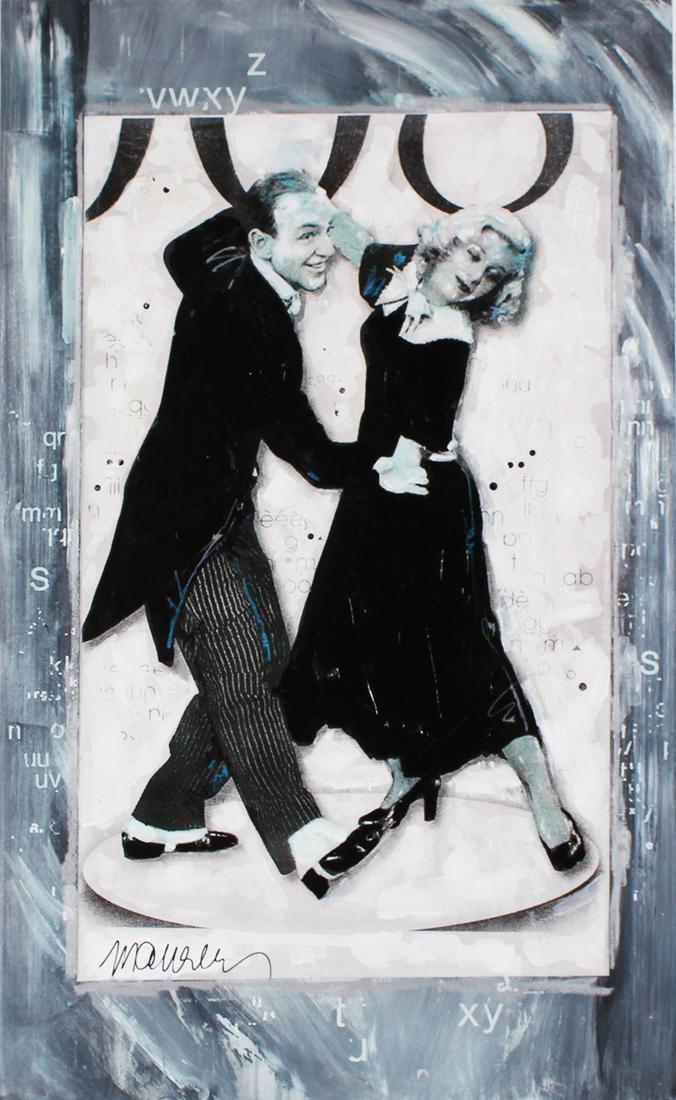 Sidney Maurer (1926-2017) Georgia: ASTAIRE & ROGERS, mixed media with painting on panel, signed lower left, 39 x 24”. From the UCLA Medical Center Art Program, funds to benefit their ongoing endeavors.