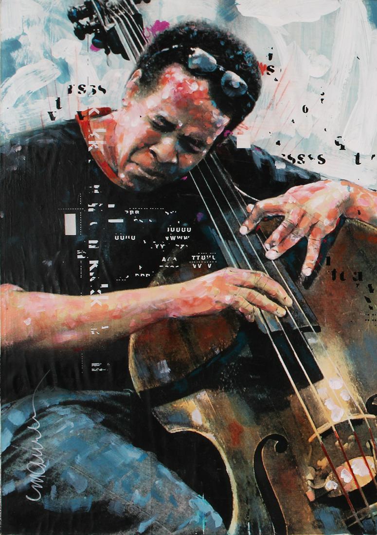 Sidney Maurer (1926-2017) Georgia: STANLEY CLARK, mixed media with painting on panel, signed lower left, 24 x 16”. From the UCLA Medical Center Art Program, funds to benefit their ongoing endeavors.