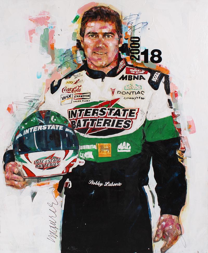Sidney Maurer (1926-2017) Georgia: BOBBY LABONTE, mixed media with painting on panel, signed lower left, 34 x 28”. From the UCLA Medical Center Art Program, funds to benefit their ongoing endeavors.