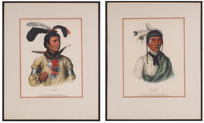 Thomas McKenney & James Hall (two): A WINNEBAGO & NO TIN from The History of The Indian Tribes of North America, two hand-colored lithographs, sights 14 x 11”, frames 21 ½ x 17 ½” with glass. (2)