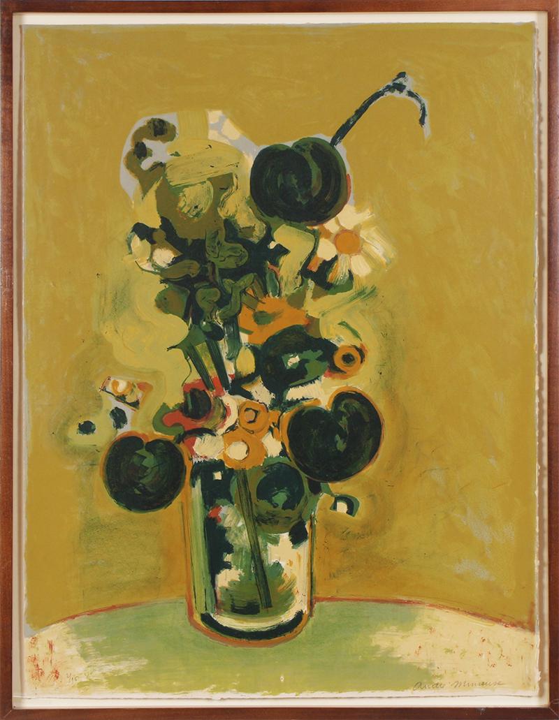 Andre Minaux (1923-1986) French: FLORAL STILL LIFE, color lithograph, signed and numbered 2/95 in pencil, sheet 26 x 19 ¾”, frame 28 x 21 ½” with Plexiglas. From the UCLA Medical Center Art Program, funds to