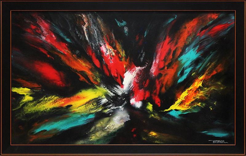 Leonardo Nierman (b. 1932) Mexico: IGNICION, oil painting on Masonite, signed lower right, signed and titled on verso, 19 ¾ x 32 ½”, frame 22 ½ x 35 ½”.