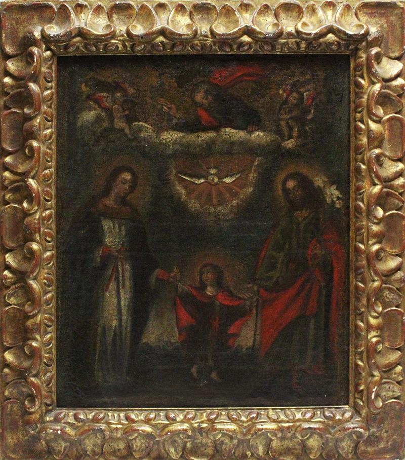 19 th Century Santos Painting: HOLY FAMILY, oil painting on linen, 23 x 19”, ornate antique frame 29 ½ x 26 x 2 ½”.