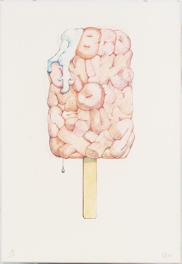 Claes Oldenburg (1929-2022) American: ALPHABET IN THE FORM OF A GOOD HUMOR BAR (Axsom 69), 1970, offset color lithograph, signed and numbered from the edition of 250, in Plexiglas box frame 29 ½ x 20”. Provenance: Lora Schles