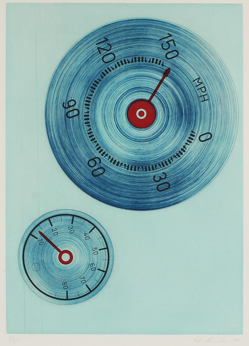 Ed Ruscha (b. 1937) American: TUMBLING SNOWMAN SPEEDO (Engberg/Walker 271), 1998, color etching, signed and numbered 6/35 in pencil, printed by Aldo Crommelynck with blind stamp lower right, published by Pace Editions Inc., sheet