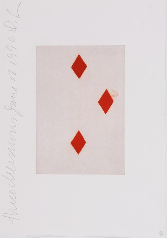 Donald Sultan (b. 1951) New York: THREE OF DIAMONDS from Playing Cards, 1990, color aquatint, signed and titled and dated and numbered 33/44 in pencil, sheet 21 x 15”, frame 24 x 18” with glass. From the UCLA Medical Cente