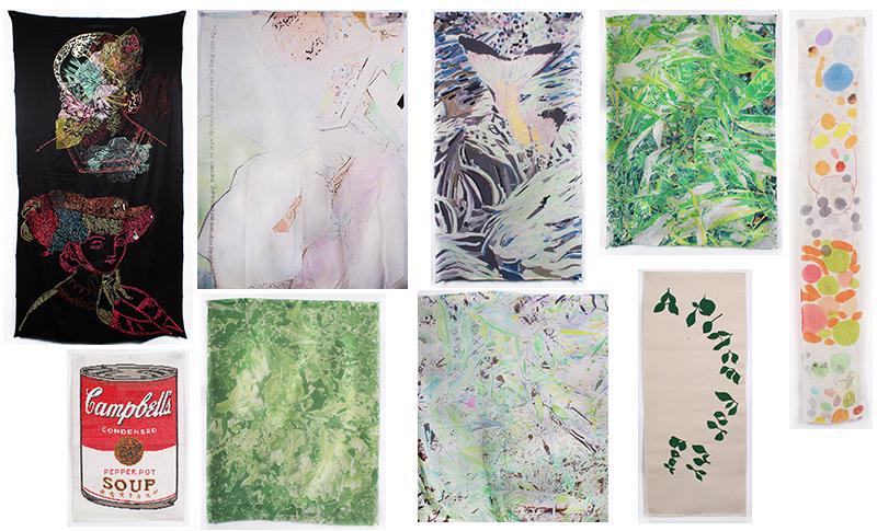 Textile collection (ten): A collection of ten textiles, mainly paintings on silk, including artists Katrin (2), Jurati & Anderson, sizes from 8 x 49” to 78 ½ x 132 ½”. (10)