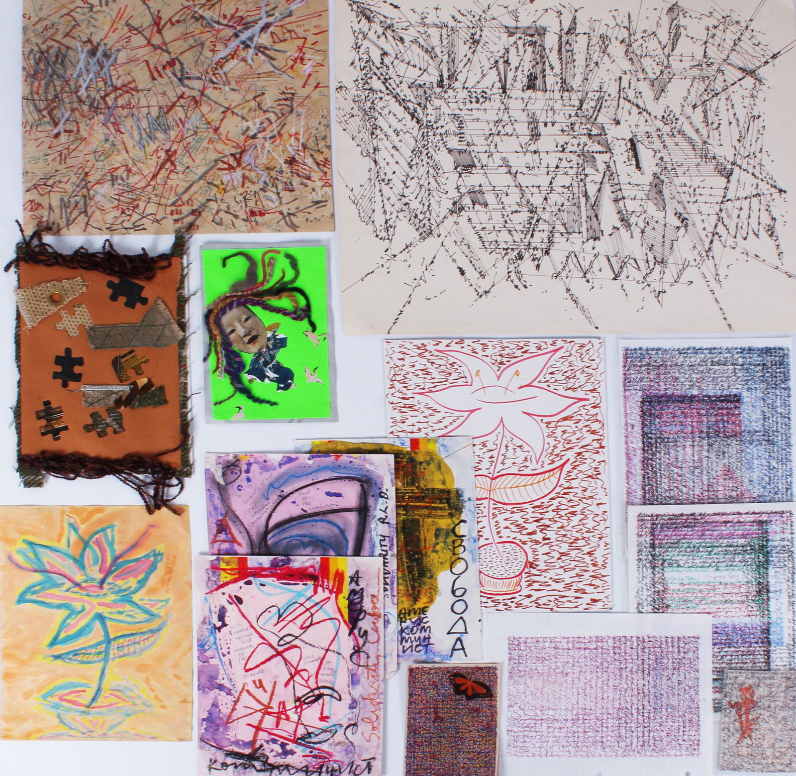 John White (2), Margit Omar , Rachel Steele (2), Artists Unidentified (20 th Century): John White (b. 1937) American ABSTRACTED CHRISTMAS FOREST, 1971, two ink drawings on paper, one possible initialed and dated lower right, the other possibly signed or inscribed on frame verso, both 17