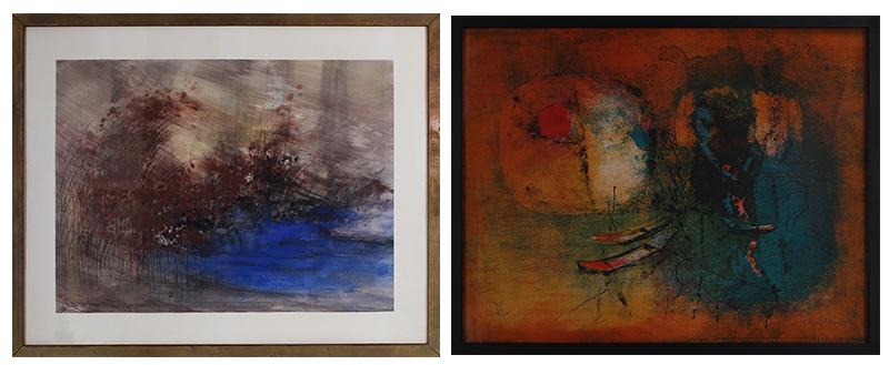 Marlene Tseng Yu (b. 1937) Taiwanese & Hoi Lebadang (1922-2015) Vietnam (two): Marlene Tseng Yu UNTITLED, POND SCENE, 1966 watercolor on paper, signed lower left, sheet 21 ¼ x 29”, frame 29 x 37” with glass; Hoi Lebadang . FISHERMEN, color lithograph, signed a