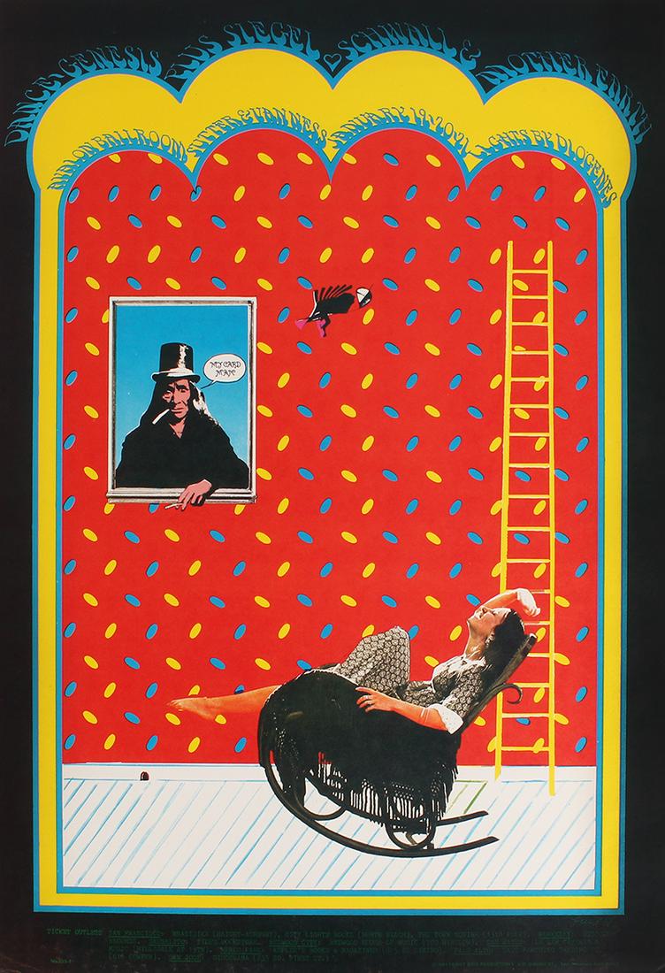 Original 1960â€™s Rock N Roll Poster: Family Dog (FD-102-1): Genesis, Siegel Schwall Bank, Mother Earth (Rocking Chair), Avalon Ballroom, 1968, Robert Fried, 21 x 14”.