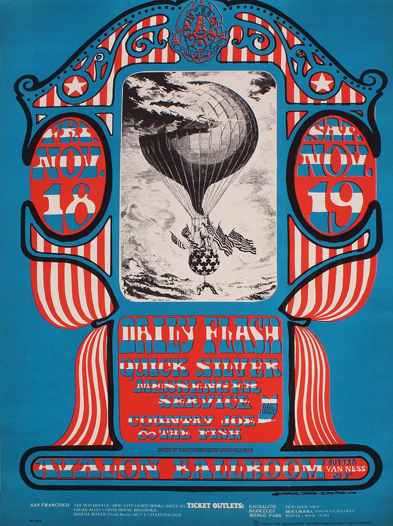 Original 1960â€™s Rock N Roll Poster: Family Dog (FD-35-3): Daily Flash, Quick Silver Messenger Service (Balloon), 1966 Avalon Ballroom, Stanley Mouse & Alton Kelley, 19 ¾ x 13 ¾”.