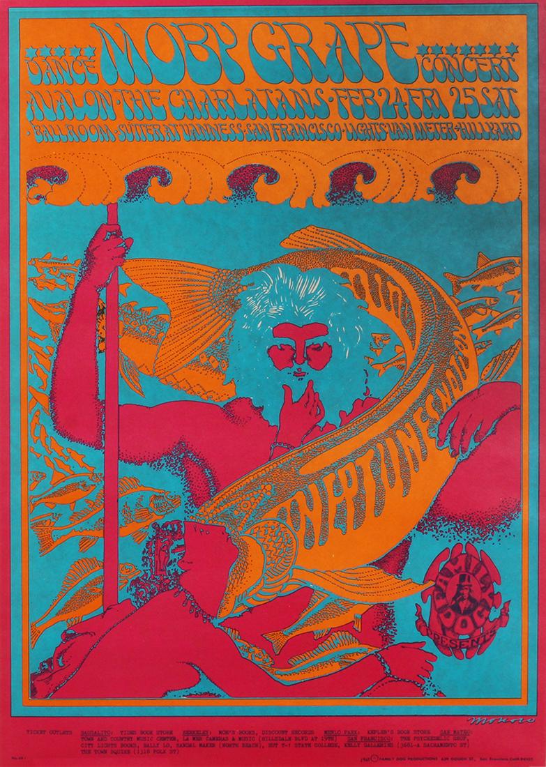 Original 1960â€™s Rock N Roll Poster: Family Dog (FD-49-1): Moby Grape, Charlatans (Neptuneâ€™s Notion), Avalon Ballroom, 1967, Moscoso, image 18 ¼ x 13 ¼”, frame 25 x 19” with glass.