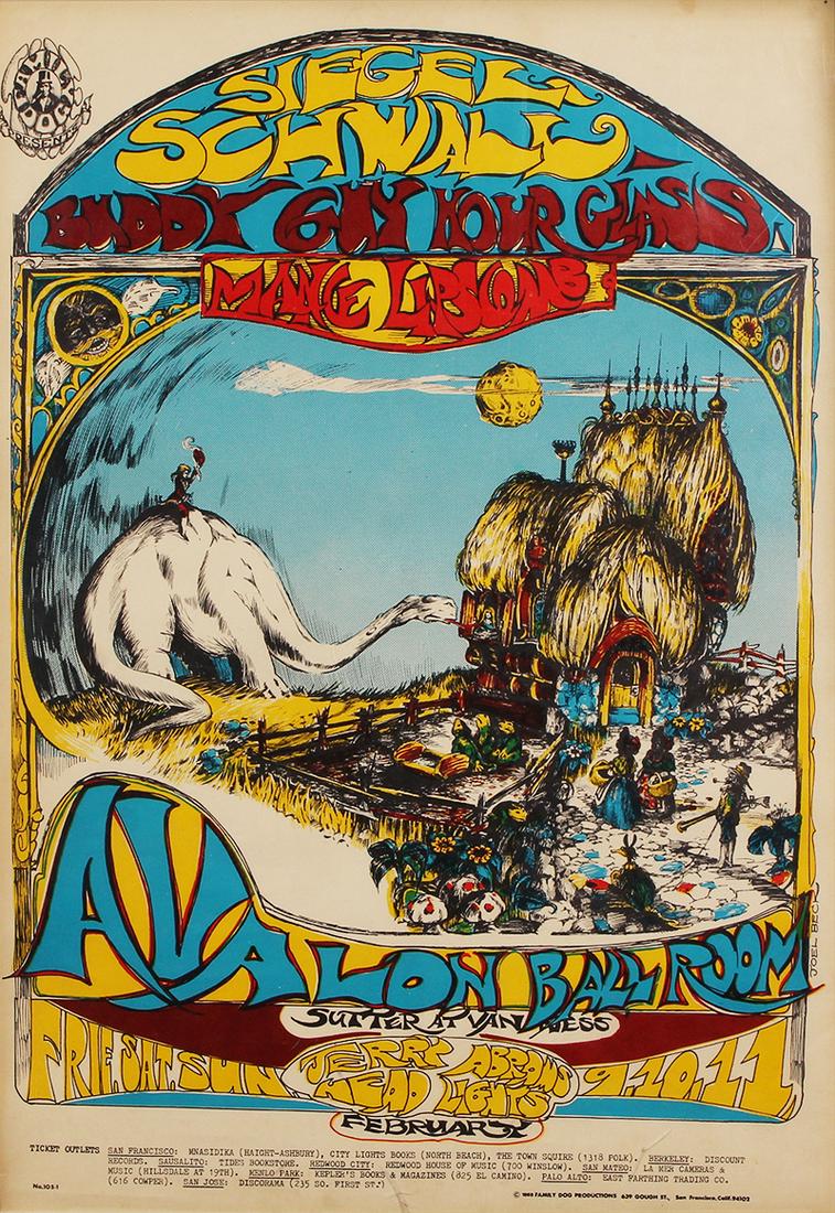 Original 1960â€™s Rock N Roll Poster: Family Dog (FD-105-1): Siegel Schwall, Buddy Guy, Mance Lipscomb (Moby Dragon), Avalon Ballroom, 1968, Joel Beck, sight 20 x 13 ¾”, frame 24 ½ x 18 ½” with cracked Plexiglas.