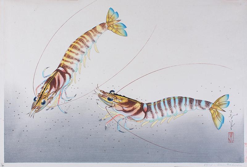 Ohno Bakufu (1888-1976) Japanese: SHRIMP, color woodcut print tipped to card, chop marks lower right and in margins, sheet 11 x 16”. From the collection of Dr. Wittenstein, Santa Barbara, California.