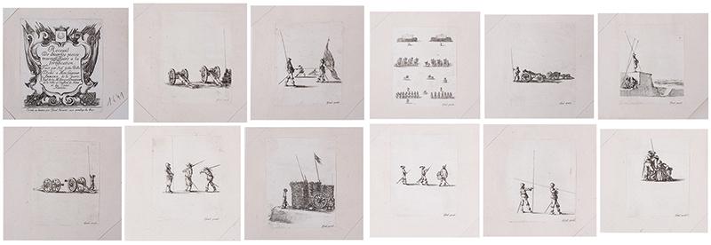 Stefano Della Bella (1610-1664) Italian (twelve): RECUEIL DE DIVERSES PIECES TRES NECESSAIRES A LA FORTIFICATION, twelve etchings each mounted to larger sheets of chain laid paper, published by Israel Henriet, etchings average 3 ½ x 2 ¾
