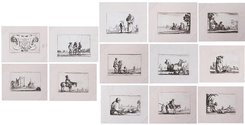 Stefano Della Bella (1610-1664) Italian (thirteen): CAPRICE, thirteen etchings each mounted to larger sheets of chain laid paper, published by Israel Henriet, etchings average 2 ¼ x 3 ¼, average sheet, 4 x 6” each in 8 x 10” m