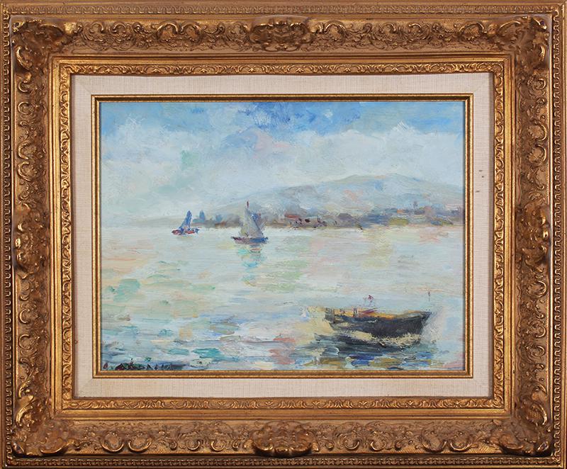 Impressionist Style (20 th Century): BOATS, oil painting on board, signed lower left and inscribed on verso, 12 x 16”, frame 20 x 24”.