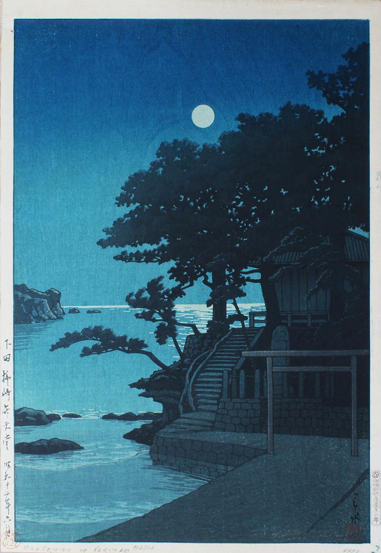 Kawase Hasui (1883-1959) Japanese: KAKIZAKI BENTEN SHRINE, 1937, color woodcut print tipped to card, chop marks lower right and in margins, publisher Watanabe, stamp lower right, image 14 ¼ x 9 ½”, sheet 15 x 10 &fr