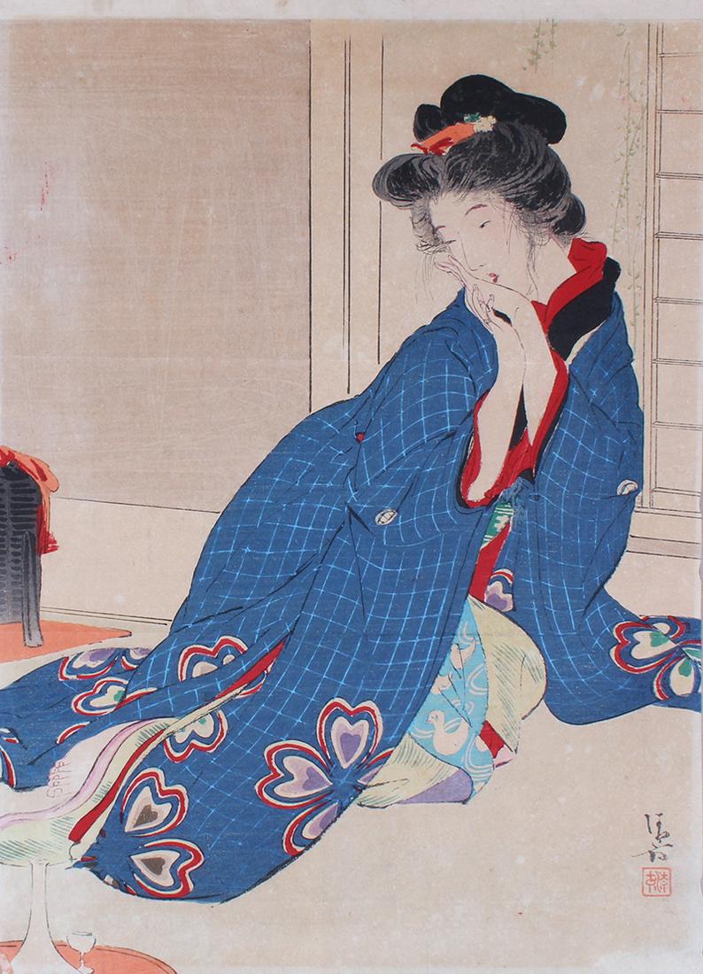 Kiyokata Kaburagi (1878-1972) Japanese: WOMAN IN BLUE ROBE, color woodcut print with two horizontal centerfolds, tipped to card, chop marks lower right, sheet 12 x 8 ½”. From the collection of Dr. Wittenstein, Santa Barbara, Ca