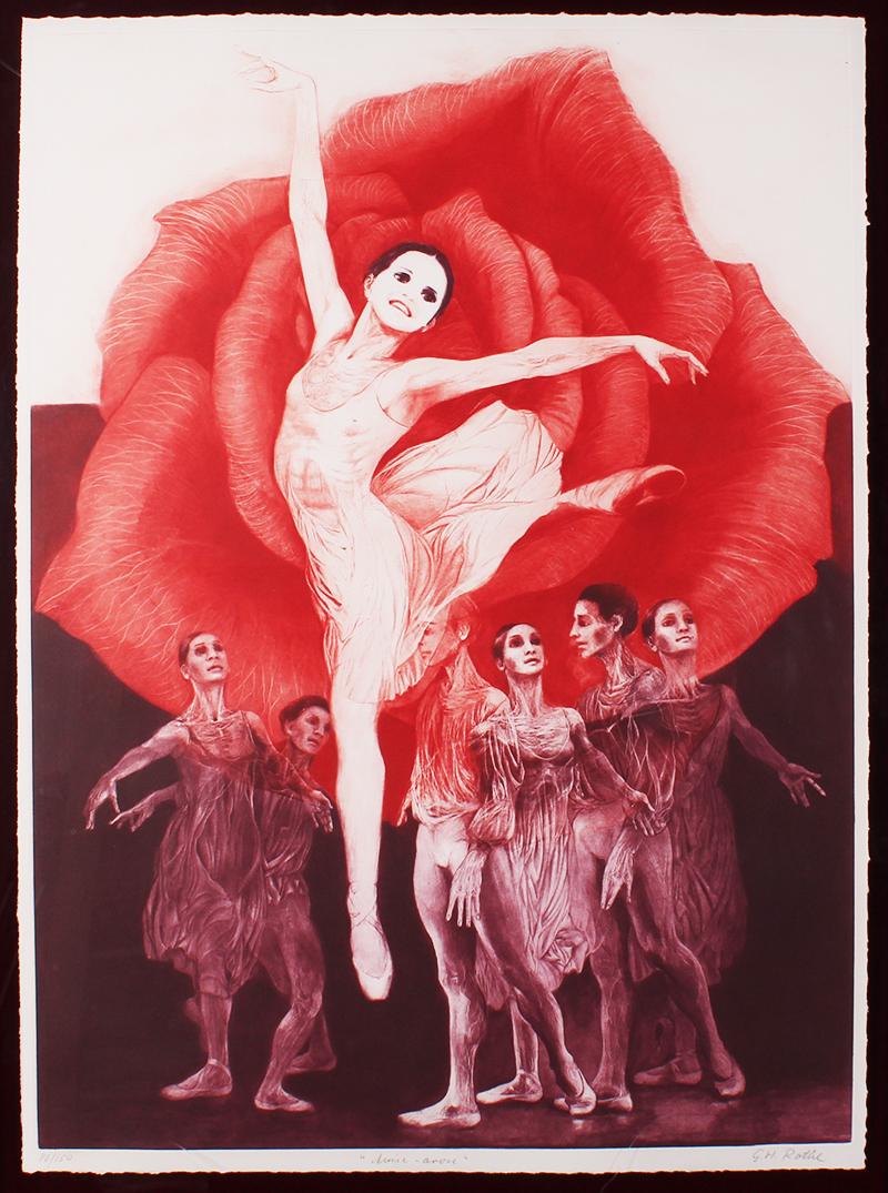G. H. Rothe (1935-2007) German American: ARISE AROSE (Restany 26), 1977, color mezzotint, signed and numbered 86/150 in pencil, sheet 33 ½ x 24 ¾”, frame 39 x 30” with Plexiglas.
