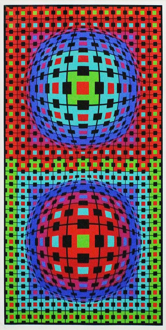 Victor Vasarely (1908-1997) Hungarian: IONAU, color screenprint, signed and numbered CV 6/30 in pencil, image 68 x 36”, full margins, published by Circle Fine Arts Chicago, frame 82 x 50" with Plexiglas.