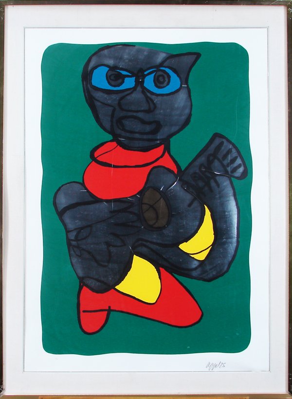 Karel Appel (1921-2006) Dutch: GUITAR PLAYER, color screenprint with foil collage, signed in pencil, from the numbered edition 60, image 36 x 24”, full margins, framed, a dimple lower left margin, a little crease lower right shee