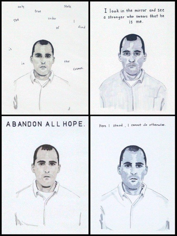 Chris Beas (20th/21st Century) American (four): UNTITLED (THE ONLY TRUE ORDER OF STATE); UNTITLED (I LOOK IN THE MIRROR); UNTITLED (ABANDON ALL HOPE); UNTITLED (HERE IS STAND, I CANNOT DO OTHERWISE), 2002, four marker, watercolor and pencil drawing
