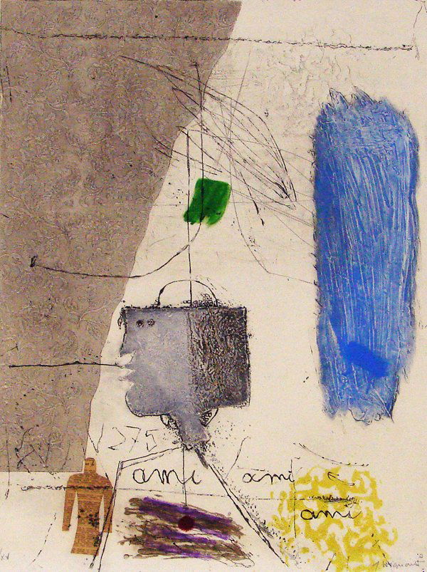 James Coignard (1925-2008) French: AMI (S.196), 1974, color etching, carborundum and collage, signed in pencil, from the Roman numeral edition 15 aside from the edition of 75, sheet 26 ½ x 20 ½”, published by Vision Nouvelle, some