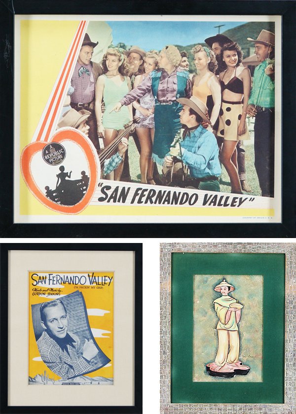 Hollywood Memorabilia: Republic Pictures, Mid Cent: Republic Pictures, SAN FERNANDO VALLEY, Republic Pictures, lobby card, 10 ½ x 13 ½”; SAN FERNANDO VALLEY, (I’M PACKING MY GRIP) Gordon Jenkins, sheet music cover, sight 11 ½ x 8”; Together wi