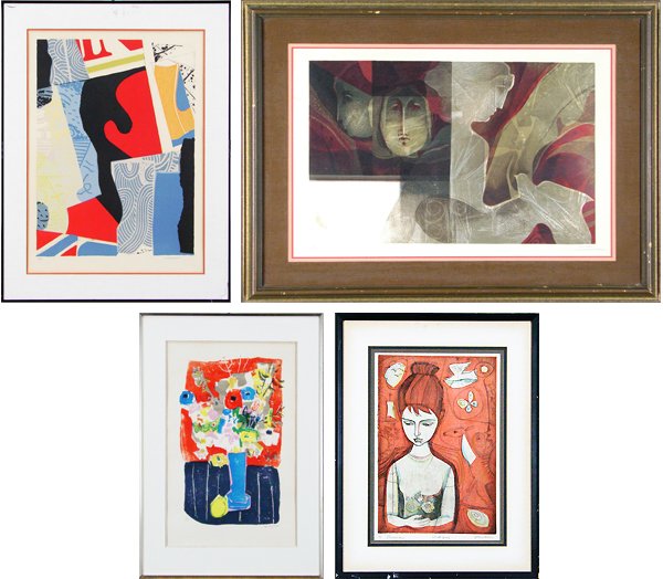 Max Papart, Sunol Alvar, Roger Bezombes & Irving A: Max Papart, UNTITLED, color lithograph, signed in pencil, from the numbered edition 100, image 22 ¾ x 17 ¾”, toning; Together with Sunol Alvar, WOMAN AND DOVES, color lithograph with intaglio, sig