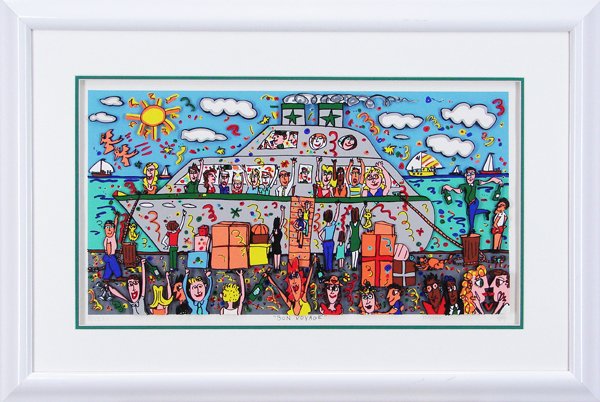 James Rizzi (b. 1950) American: BON VOYAGE, 1989, color lithograph with 3-D cut-out collage, signed in pencil, from the numbered edition 350, image 13 ¾ x 26”, full margins, framed.