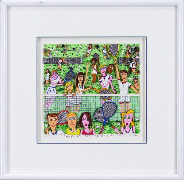 James Rizzi (b. 1950) American: ANYONE FOR TENNIS, 1992, color lithograph with 3-D cut-out collage, signed in pencil, from the numbered edition 350, image 13 ¾ x 26”, full margins, framed.