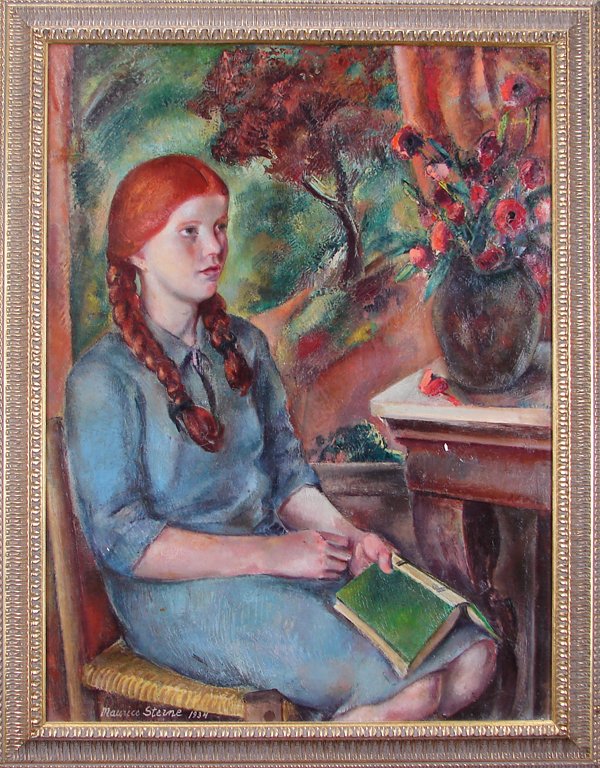 Maurice Sterne (1878-1957) American: YOUNG GIRL WITH A GREEN BOOK, 1934, oil painting on canvas, signed and dated lower left, 41 x 31”, framed, surface soiling, minor scuffs, a few small chips, minor contraction cracks, soiling on vers