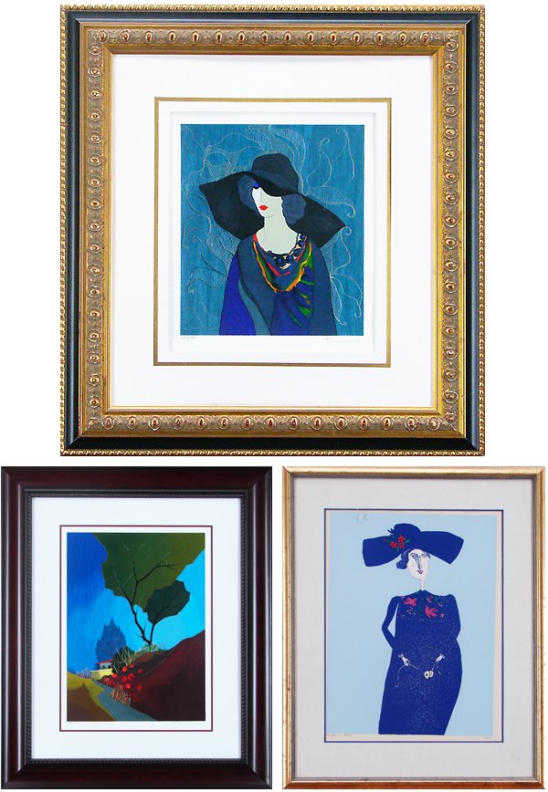 Itzchak Tarkay (b. 1935) Israeli (2) & Benjamin Le: Itzchak Tarkay, WOMAN IN BLUE DRESS AND HAT; BLUE SKY AND GREEN TREES, two color screenprints, each signed in pencil, from the numbered editions of 300 and 45 hors commerce, images 10 x 8 5/8” & 18 