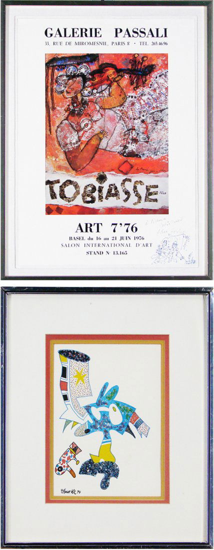 Theo Tobiasse (b. 1927) French & Otmar Alt (b. 194: Theo Tobiasse, THE COUPLE, a 4 x 5” original ink drawing on a 1976 Galerie Passali poster, 27 x 19”, signed and dedication in pen, some soft handling creases; Together with Otmar Alt, UNTITLED, 19